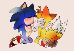Size: 2048x1419 | Tagged: safe, artist:fanfarefromhell, editor:sontailsreddit, miles "tails" prower, sonic the hedgehog, 2024, blushing, duo, edit, eyes closed, gay, hands on another's head, kiss, kneeling, shipping, simple background, sonic x tails, upscaled