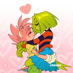 Size: 2000x2000 | Tagged: safe, artist:iru_2005, amy rose, tekno the canary, 2024, carrying them, cute, duo, ear piercing, earring, eyes closed, fleetway amy, gradient background, heart, holding each other, lesbian, pink nose, shipping, signature, smile, standing, teknamy