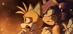 Size: 2048x951 | Tagged: safe, artist:thatbirdguy_, miles "tails" prower, sonic the hedgehog, 2024, abstract background, duo, fire, looking ahead, looking offscreen, mouth open, smile, sparkles, sweatdrop