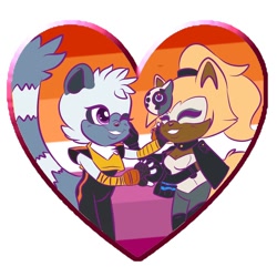 Size: 794x794 | Tagged: safe, artist:wolfclawdesign, tangle the lemur, whisper the wolf, duo, heart, holding hands, lesbian, lesbian pride, outline, pride, pride flag, shipping, simple background, smile, standing, tangle x whisper, white background