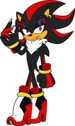 Size: 1280x2133 | Tagged: safe, artist:hazardous-andy, shadow the hedgehog, 2022, alternate universe, claws, ear piercing, earring, eyeshadow, frown, gay, heels, lidded eyes, looking at viewer, simple background, solo, standing, transparent background