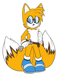 Size: 1620x2160 | Tagged: safe, artist:chaobucks, miles "tails" prower, 2023, alternate universe, belt, blue shoes, flat colors, glasses, holding something, looking at viewer, mouth open, one fang, simple background, solo, standing, transparent background, wrench