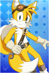 Size: 1024x1536 | Tagged: safe, artist:sonicwind-01, miles "tails" prower, 2014, abstract background, holding something, looking at viewer, signature, smile, solo, sonic boom (tv), wrench