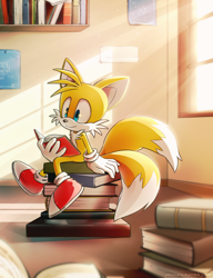 Size: 2000x2605 | Tagged: safe, artist:akusuru, miles "tails" prower, 2015, abstract background, book, daytime, holding something, indoors, looking at something, reading, sitting, smile, speedpaint available, window