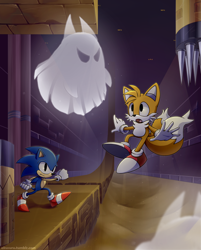 Size: 1200x1490 | Tagged: safe, artist:akusuru, miles "tails" prower, sonic the hedgehog, sandopolis zone, 2015, abstract background, duo, frown, mouth open, sand, sandopolis ghost, sonic the hedgehog 3, spike