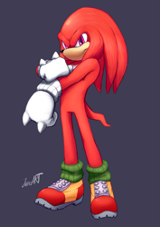 Size: 1477x2086 | Tagged: safe, artist:jamoart, knuckles the echidna, 2021, frown, looking offscreen, purple background, signature, simple background, solo, standing, stretching