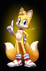 Size: 1023x1561 | Tagged: safe, artist:jamoart, miles "tails" prower, 2019, gradient background, hand on hip, looking at viewer, movie style, pointing, signature, smile, solo, standing