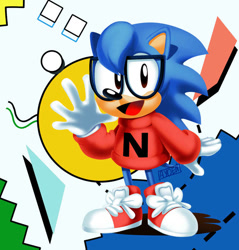 Size: 749x784 | Tagged: safe, artist:artisyone, nicky, sonic the hedgehog, 2021, abstract background, classic style, looking at viewer, signature, smile, solo, standing, waving