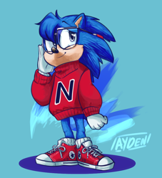 Size: 800x880 | Tagged: safe, artist:artisyone, nicky, sonic the hedgehog, 2020, abstract background, looking up, movie style, signature, smile, solo, standing