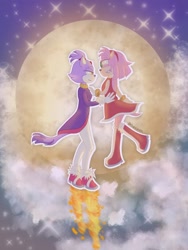Size: 1536x2048 | Tagged: safe, artist:itsniknikki, amy rose, blaze the cat, cat, hedgehog, 2024, amy x blaze, amy's halterneck dress, blaze's tailcoat, cute, female, females only, flame, holding them, lesbian, looking at each other, moon, shipping