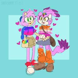 Size: 900x900 | Tagged: safe, artist:sonicshank, amy rose, blaze the cat, cat, hedgehog, 2019, amy x blaze, bisexual pride, cute, female, females only, hearts, holding hands, lesbian, lesbian pride, looking at each other, pride, shipping