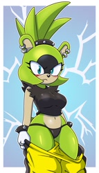 Size: 1200x2100 | Tagged: suggestive, artist:sonicguru, surge the tenrec, abstract background, blushing, electricity, looking at viewer, panties, undressing