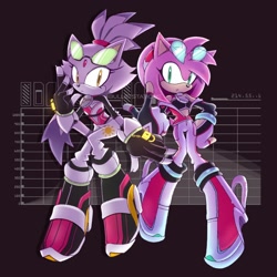 Size: 1594x1594 | Tagged: safe, artist:bulletstations, amy rose, blaze the cat, cat, hedgehog, 2024, alternate universe, amy x blaze, au:after riders, female, females only, glasses on head, lesbian, looking at viewer, shipping