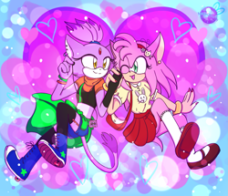 Size: 1757x1512 | Tagged: safe, artist:magicstormfrost, amy rose, blaze the cat, cat, hedgehog, 2021, amy x blaze, cute, female, females only, hearts, holding hands, lesbian, looking at each other, one eye closed, shipping