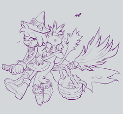 Size: 2048x1903 | Tagged: safe, artist:mysuperlaserpiss, amy rose, blaze the cat, cat, hedgehog, 2022, amy x blaze, cute, eyes closed, female, females only, halloween, halloween outfit, lesbian, line art, looking down, mouth open, scared, shipping, sketch