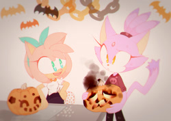 Size: 1185x838 | Tagged: safe, artist:octopuddi, amy rose, blaze the cat, cat, hedgehog, 2016, amy x blaze, cute, female, females only, halloween, lesbian, looking at them, mouth open, pumpkin, shipping