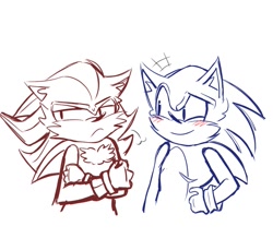 Size: 1213x1109 | Tagged: safe, artist:nebuiastarlight, shadow the hedgehog, sonic the hedgehog, 2024, arms folded, blushing, duo, frown, gay, hand on hip, line art, looking at them, looking away, shadow x sonic, shipping, simple background, smile, top surgery scars, trans male, transgender, white background