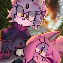 Size: 1000x1000 | Tagged: safe, artist:1xycelestial, amy rose, blaze the cat, cat, hedgehog, 2024, amy x blaze, cute, female, females only, flame, lesbian, looking at viewer, one eye closed, shipping