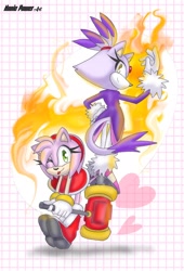 Size: 1474x2164 | Tagged: safe, artist:nonicpower, amy rose, blaze the cat, cat, hedgehog, 2024, amy x blaze, amy's halterneck dress, blaze's tailcoat, cute, female, females only, flame, hearts, lesbian, looking at viewer, one eye closed, piko piko hammer, shipping, tongue out