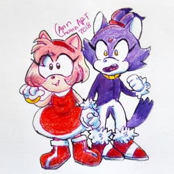 Size: 1280x1280 | Tagged: safe, artist:jokesitos-art, amy rose, blaze the cat, cat, hedgehog, 2018, amy x blaze, amy's halterneck dress, blaze's tailcoat, cute, female, females only, holding hands, lesbian, looking at them, shipping, traditional media