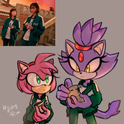 Size: 2000x2000 | Tagged: safe, artist:victoryrina, amy rose, blaze the cat, cat, hedgehog, 2021, amy x blaze, crossover, cute, female, females only, lesbian, looking at them, reference inset, shipping, squid game