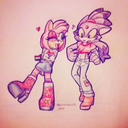 Size: 1280x1280 | Tagged: safe, artist:sonicshank, amy rose, blaze the cat, cat, hedgehog, 2018, alternate version, amy x blaze, cute, female, females only, heart, lesbian, looking at them, mouth open, one eye closed, pride, shipping, traditional media