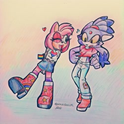 Size: 1024x1024 | Tagged: safe, artist:sonicshank, amy rose, blaze the cat, cat, hedgehog, 2018, alternate version, amy x blaze, cute, female, females only, heart, lesbian, looking at them, mouth open, one eye closed, pride, shipping, traditional media