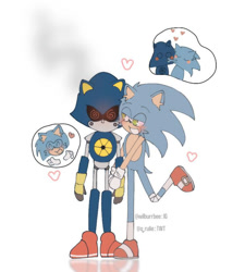 Size: 720x799 | Tagged: safe, artist:wilburrbee, metal sonic, sonic the hedgehog, black sclera, blushing, cute, duo, gay, heart, holding hands, metonic, robot, shipping, signature, simple background, standing, white background