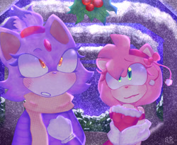 Size: 1901x1557 | Tagged: safe, artist:presley-sys, amy rose, blaze the cat, 2024, abstract background, alternate outfit, amy x blaze, blushing, coat, duo, lesbian, looking up, mistletoe, mouth open, scarf, shipping, smile, snow, winter outfit