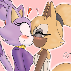 Size: 2048x2048 | Tagged: safe, blaze the cat, whisper the wolf, cat, wolf, 2024, alternate version, anonymous artist, blaze x whisper, blushing, colored version, duo female, exclamation mark, eyes closed, female, females only, frizzed, heart, kiss, lesbian, mobius.social exclusive, outline, pink background, shipping, shrunken pupils, signature, simple background, solo, standing, surprise kiss, surprised, sweatdrop