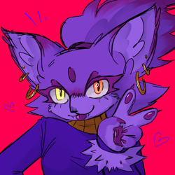 Size: 1000x1000 | Tagged: safe, artist:nightgarla, blaze the cat, cat, alternate eye color, claws, cringetober, ear fluff, ear piercing, earring, fangs, female, heart, heterochromia, looking at viewer, mouth open, pawpads, pink background, simple background, smile, solo, tongue out, v sign