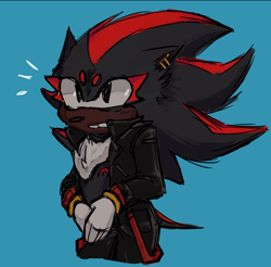 Size: 706x695 | Tagged: safe, artist:nightgarla, shadow the hedgehog, hedgehog, blue background, clothes, ear piercing, earring, jacket, looking offscreen, male, simple background, solo, standing, top surgery scars, trans male, transgender