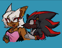 Size: 693x535 | Tagged: safe, artist:nightgarla, rouge the bat, shadow the hedgehog, alternate outfit, blue background, chipped ear, clothes, duo, ear piercing, earring, female, holding something, looking at each other, male, phone, simple background, smartphone, smile, top surgery scars, trans male, transgender