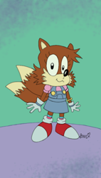 Size: 410x720 | Tagged: safe, artist:1red12345, miles "tails" prower, adventures of sonic the hedgehog, 2024, abstract background, bracelet, dress, eyelashes, female, looking at viewer, signature, smile, solo, standing, trans female, transgender