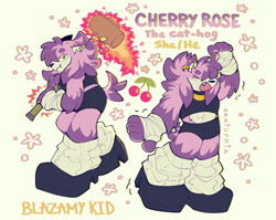 Size: 1532x1218 | Tagged: safe, artist:cacturnia, oc, oc:cherry rose, hedgehog, 2024, character name, cherry, clothes, cute, ear piercing, earring, fankid, fingerless gloves, hammer, leg warmers, magical lesbian spawn, ocbetes, one fang, parent:amy, parent:blaze, parents:blazamy, purple fur, smile, solo, yellow sclera