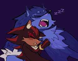 Size: 1836x1443 | Tagged: safe, artist:flixleoz, shadow the hedgehog, sonic the hedgehog, blue background, duo, ear fluff, eyes closed, floppy ear, gay, gloves off, mouth open, shadow x sonic, shipping, simple background, sleeping, sonic the werehog, werehog, zzz