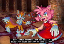 Size: 2048x1401 | Tagged: safe, artist:cherbearsz, amy rose, knuckles the echidna, miles "tails" prower, sonic adventure 2, 2023, abstract background, dialogue, english text, mouth open, redraw, standing, surprised, trio