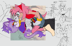 Size: 2048x1325 | Tagged: safe, artist:cherbearsz, amy rose, blaze the cat, 2023, abstract background, amy x blaze, bed, english text, holding something, lesbian, looking at each other, lying down, makeup, piko piko hammer, redraw, shipping, sitting on them, solo