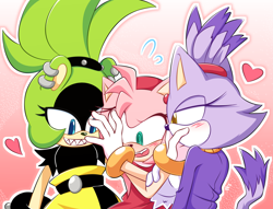 Size: 2048x1567 | Tagged: safe, artist:tgg233, amy rose, blaze the cat, surge the tenrec, amy x blaze, blushing, gradient background, heart, lesbian, love triangle, outline, shipping, smile, surgamy, trio