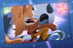 Size: 2048x1341 | Tagged: safe, artist:buddyhyped, tangle the lemur, whisper the wolf, 2024, abstract background, fireworks, holding each other, kiss, lesbian, photograph, shipping, star (sky), tangle x whisper
