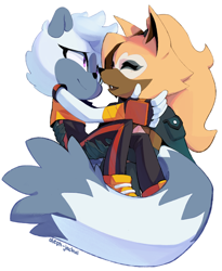 Size: 1188x1446 | Tagged: safe, artist:aleph-jackal, tangle the lemur, whisper the wolf, 2024, carrying them, duo, lesbian, looking at them, mouth open, shipping, simple background, smile, standing, tangle x whisper, white background