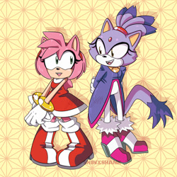 Size: 1280x1280 | Tagged: safe, artist:sonicshank, amy rose, blaze the cat, cat, hedgehog, 2019, amy x blaze, amy's halterneck dress, blaze's tailcoat, cute, female, females only, hands behind back, hands together, lesbian, looking at each other, mouth open, shipping