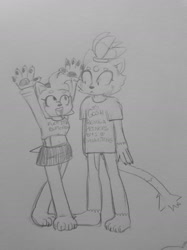 Size: 1280x1707 | Tagged: safe, artist:sonicshank, amy rose, blaze the cat, cat, hedgehog, 2017, amy x blaze, cute, female, females only, hands up, lesbian, line art, looking at each other, shipping, sketch, traditional media, words on a shirt