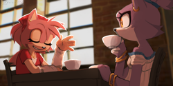 Size: 2048x1024 | Tagged: safe, artist:triple-s-bandau, amy rose, blaze the cat, 2024, abstract background, alternate outfit, amy x blaze, arm warmers, chair, clothes, cup, date, duo, ear piercing, earring, eyes closed, headscarf, indoors, lesbian, looking at them, shipping, sitting, table, window