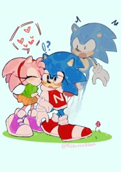 Size: 1748x2480 | Tagged: safe, artist:historiaallen, amy rose, nicky, sonic the hedgehog, amy x nicky, amy x sonic, blushing, cute, shipping, straight