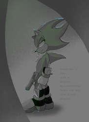 Size: 927x1271 | Tagged: safe, artist:raayuie, shadow the hedgehog, english text, frown, greyscale, gun, linkin park, looking down, monochrome, solo, song lyrics, standing