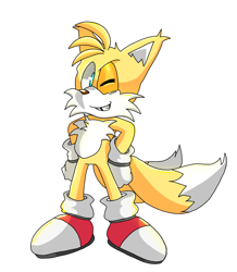 Size: 1064x1222 | Tagged: safe, artist:raayuie, miles "tails" prower, ear fluff, hands on hips, looking at viewer, outline, redraw, simple background, smile, solo, standing, transparent background, wink