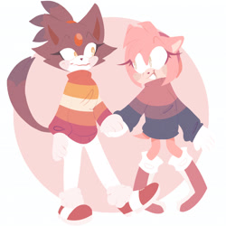 Size: 2048x2048 | Tagged: safe, artist:artyyline, amy rose, blaze the cat, abstract background, amy x blaze, amybetes, bisexual, bisexual pride, blazebetes, blushing, cute, duo, holding hands, lesbian, lesbian pride, no outlines, pride, pride clothes, pride flag, shipping, smile, standing, sweater