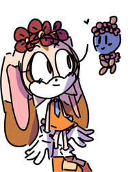 Size: 1280x1707 | Tagged: safe, artist:artyyline, cheese (chao), cream the rabbit, chao, duo, flower, flower crown, heart, looking at each other, neutral chao, simple background, sketch, smile, standing, transparent background