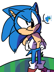 Size: 1280x1707 | Tagged: safe, artist:artyyline, sonic the hedgehog, exclamation mark, grass, looking at viewer, simple background, sketch, smile, solo, standing, transparent background